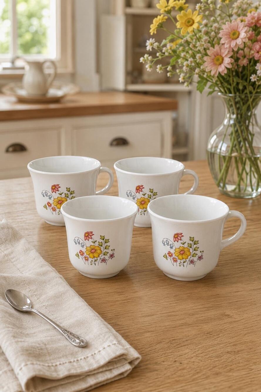 Vintage Corelle Spring Meadow Mugs Set of 4, Corning Floral Coffee Cups